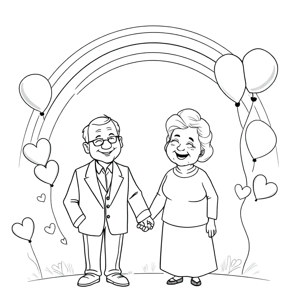 Grandparents married 55years with rainbow, balloons and hearts coloring page for children
