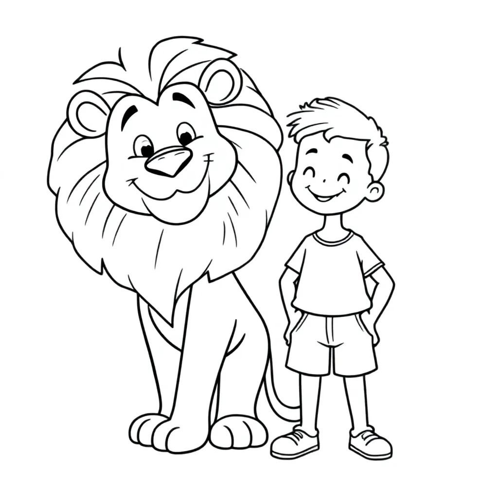 een leeuw en een jongen coloring page for children