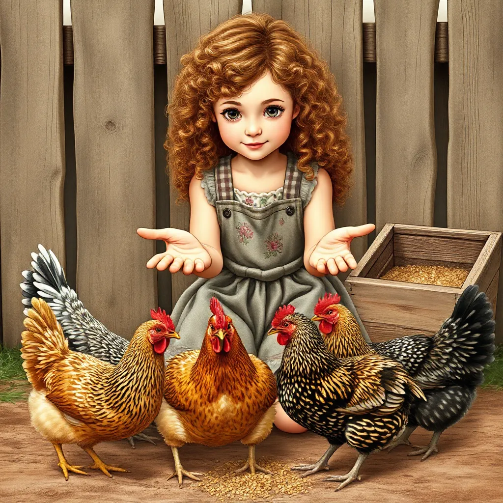 Meisje met krullen die vijf kippen voert coloring page for children