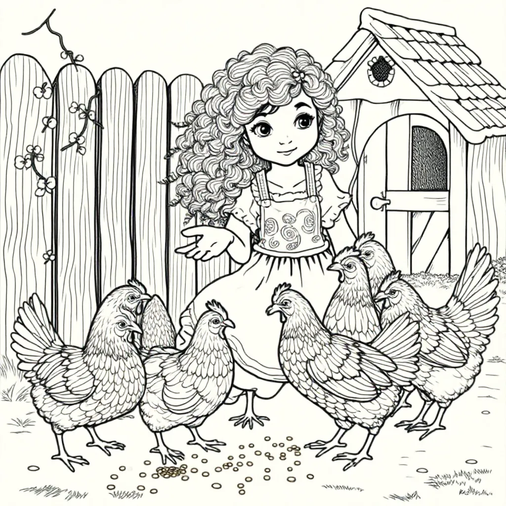 Meisje met krullen die vijf kippen voert coloring page for children
