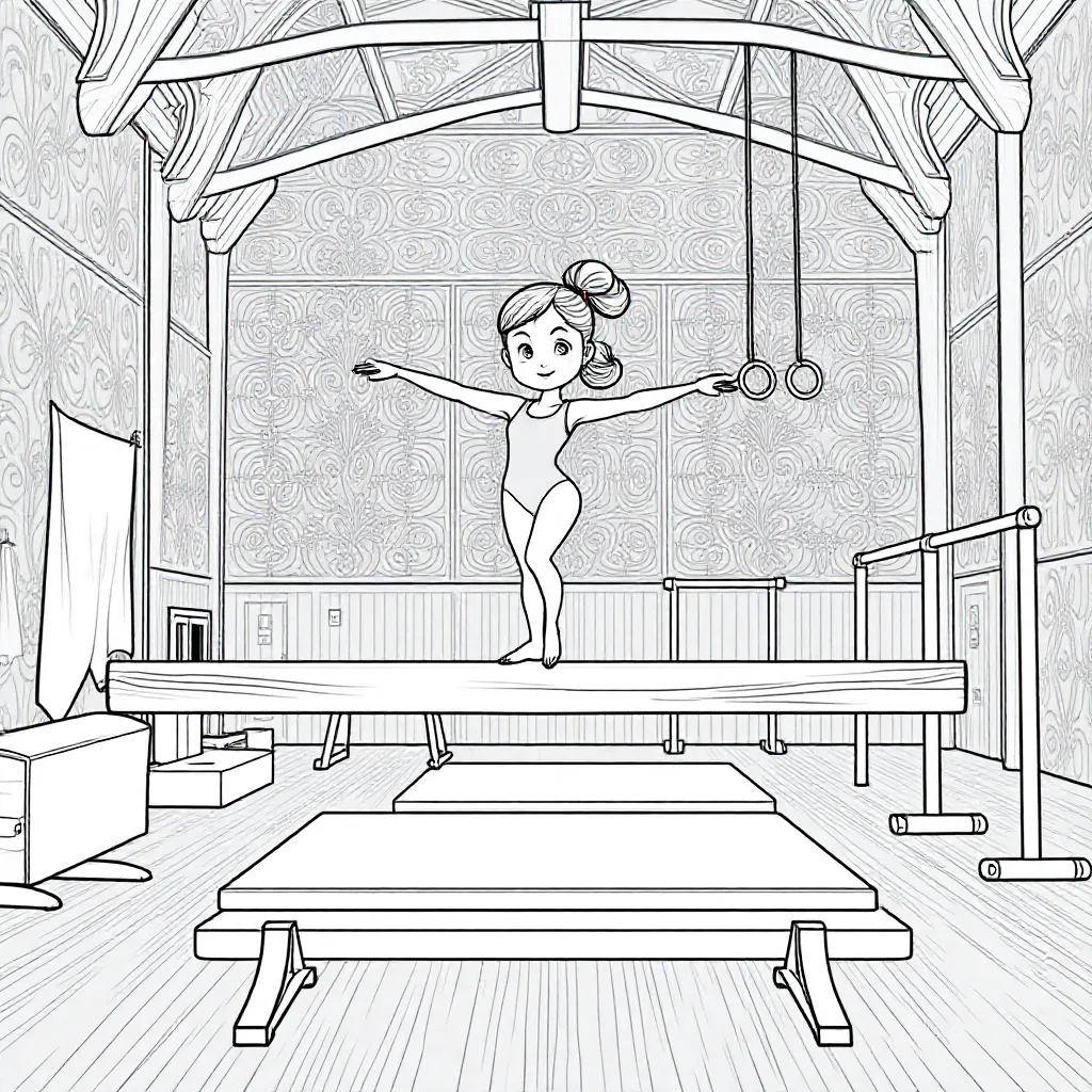 Een meisje wat turnt op de evenwichtsbalk in een sportzaal met andere turntoestellen op de achtergro