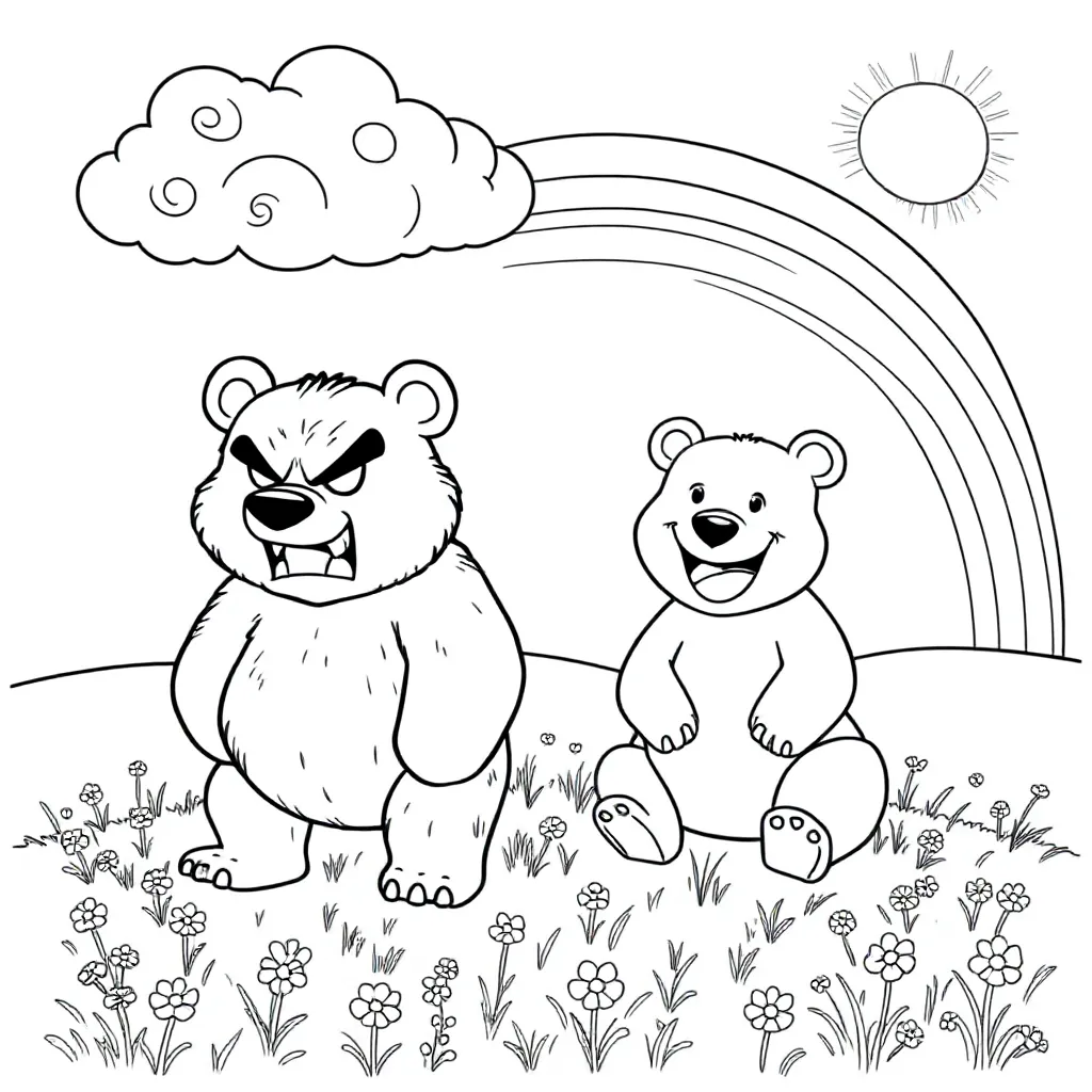 een boze beer en een blije beer op het gras, met een wolk, zon en regenboog coloring page for childr