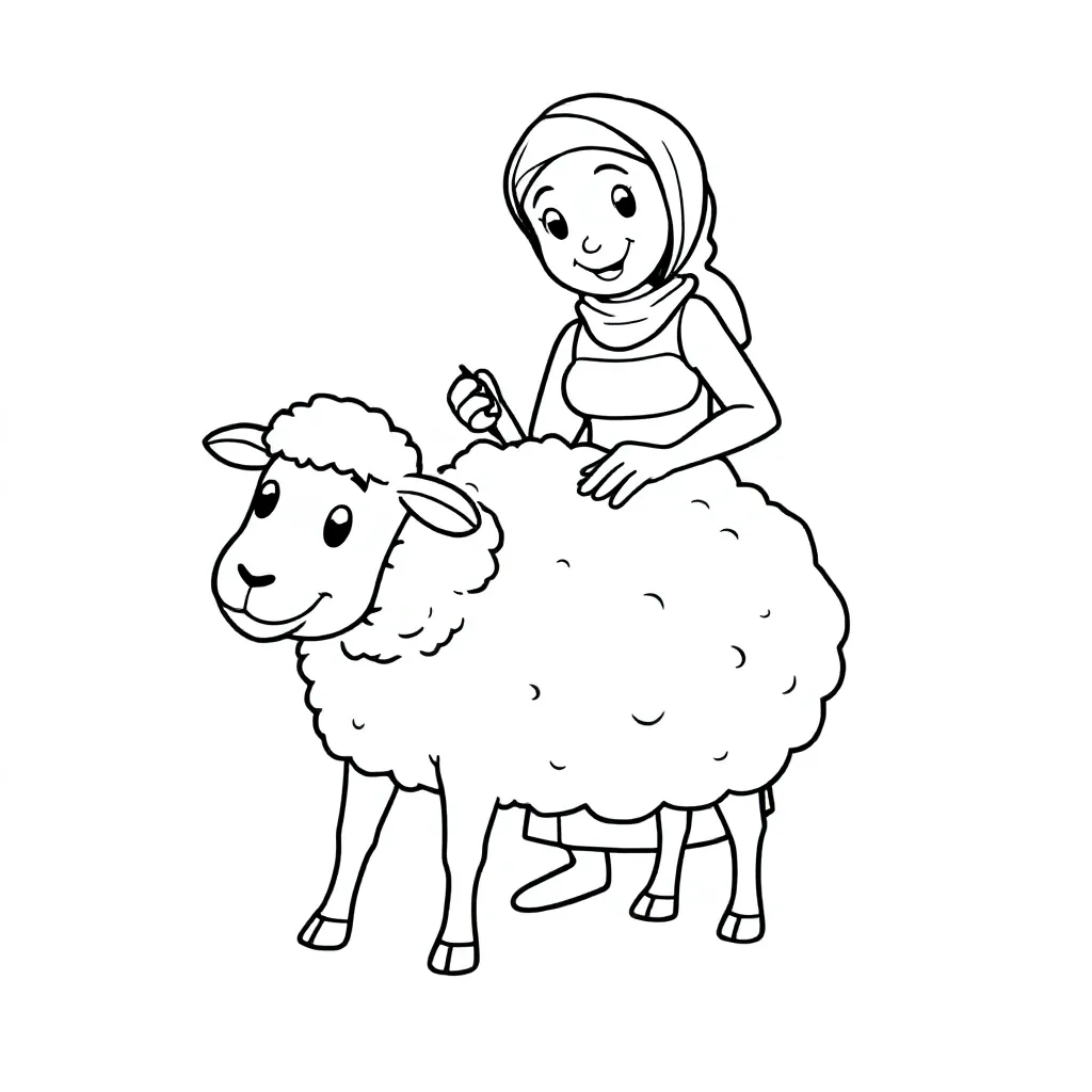 Schapen scheren door vrouw coloring page for children