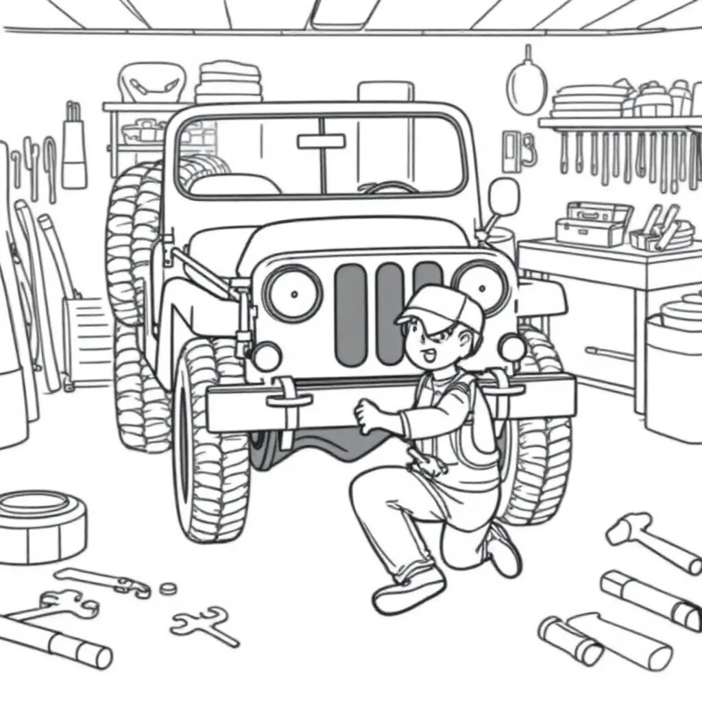 leger willy jeep in werkplaats coloring page for children