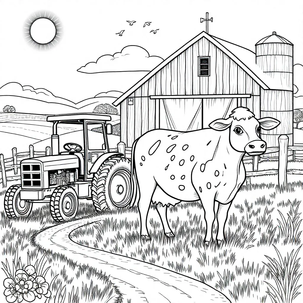 Boerderij met koeien en machinens coloring page for children