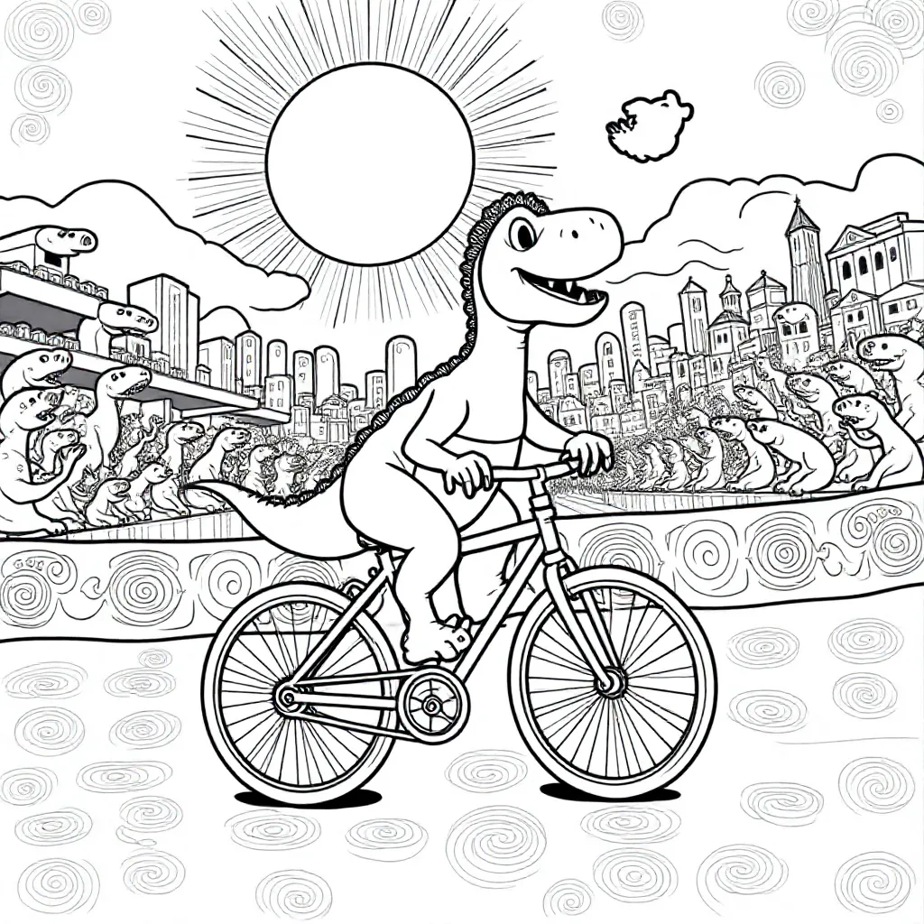 kleurplaat dinos op een fiets aan de finish lijn coloring page for children