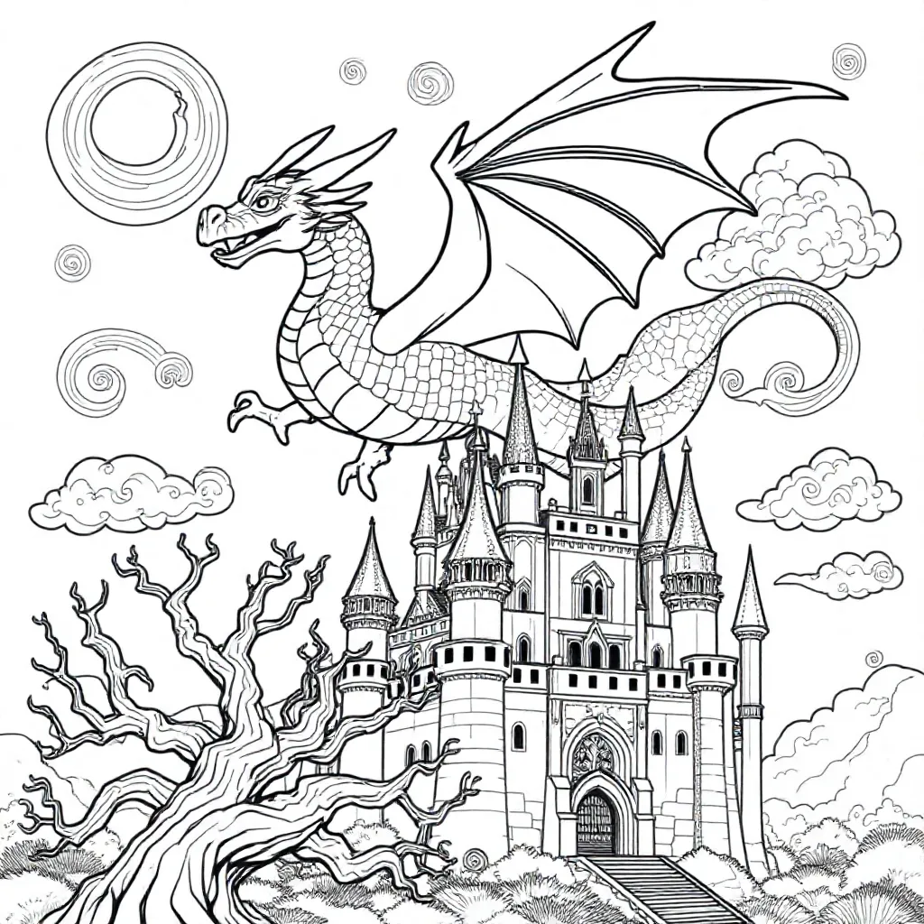 een magische draak die over een kasteel vliegt kleurplaat voor kinderen