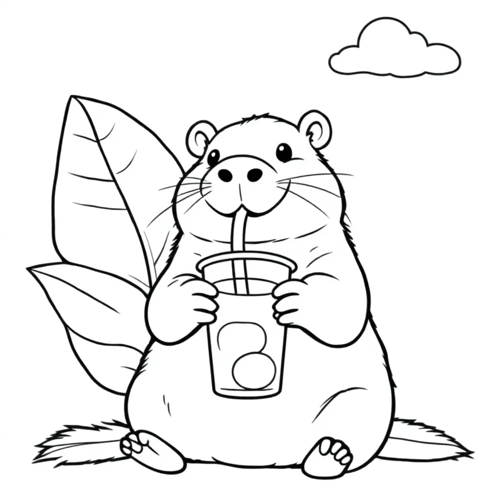 capibara met boba tea kleurplaat voor kinderen