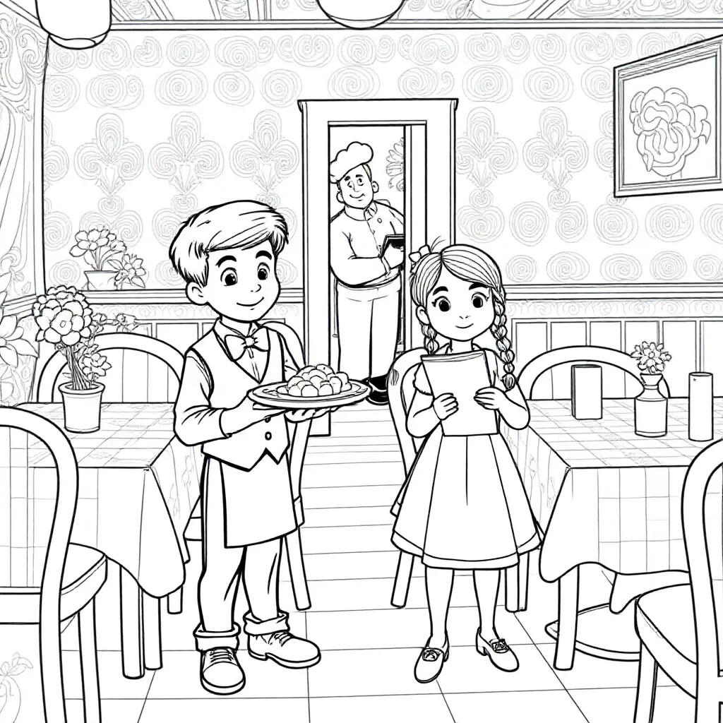 Een lege kleurplaat van allemaal kinderen die bedienen in een restaurant kleurplaat voor kinderen