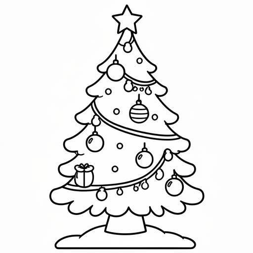 een kerstboom met kerstballen, slingers en een ster als piek kleurplaat voor kinderen