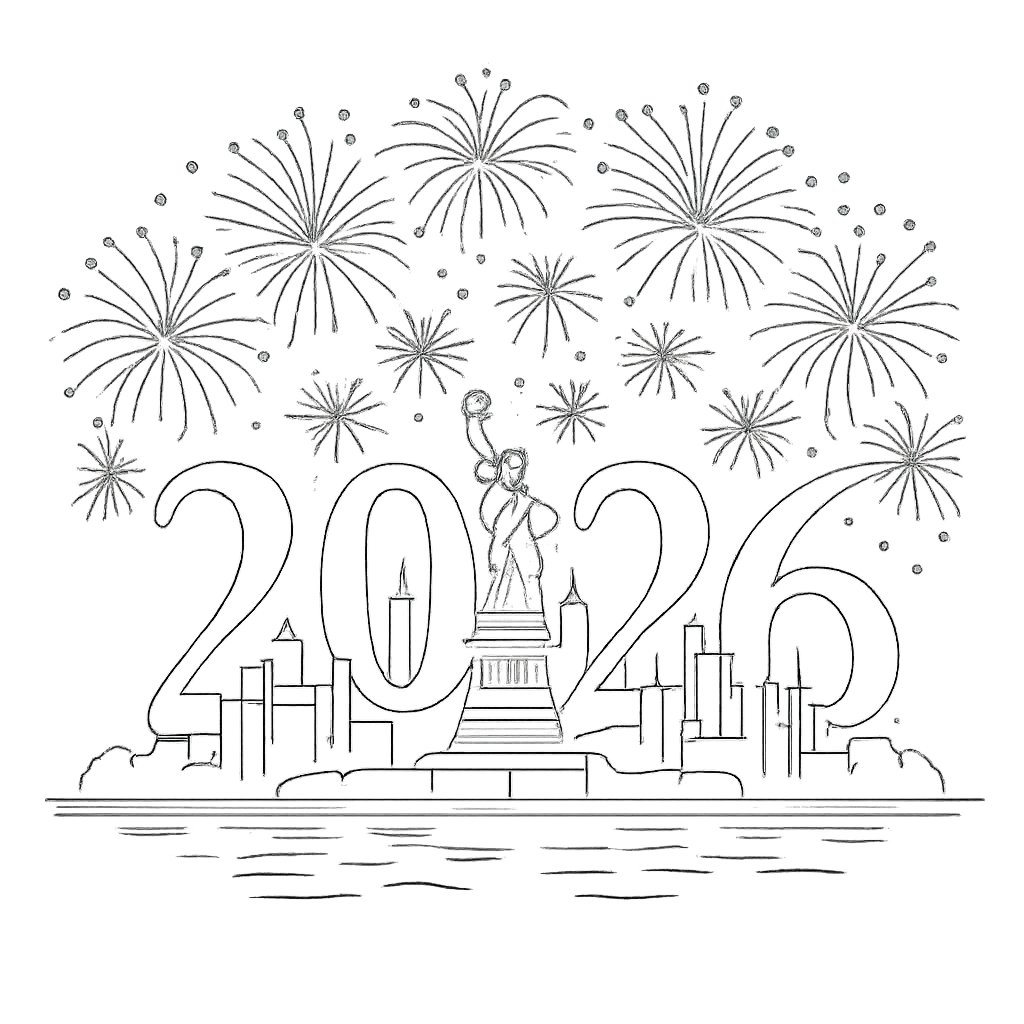 Gelukkig nieuwjaar kleurplaat - zwart-wit lijntekening