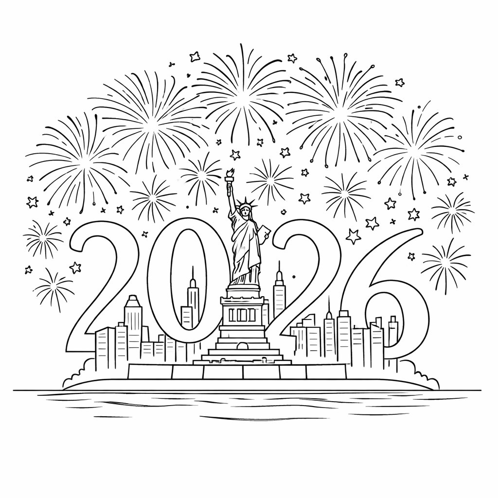 Happy new Year Malvorlage Linienzeichnung