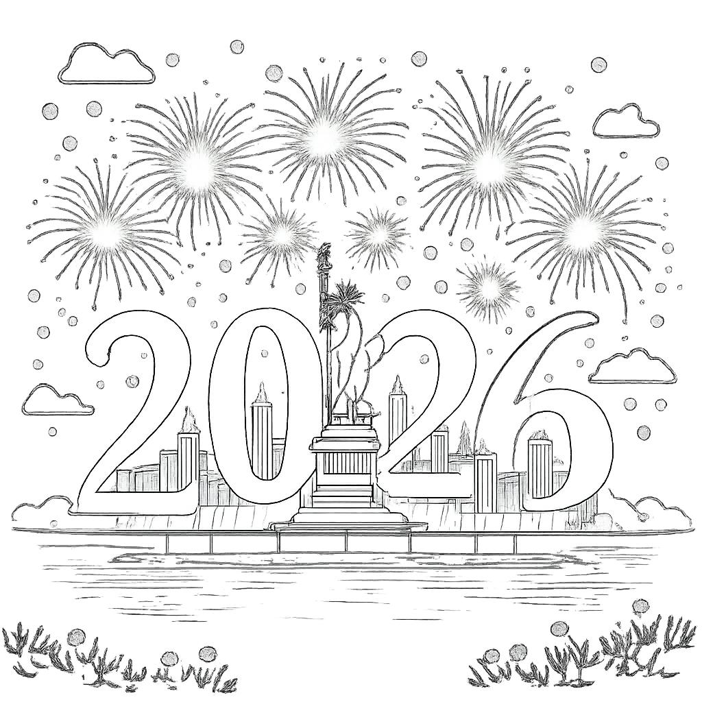 Happy new Year Malvorlage Linienzeichnung