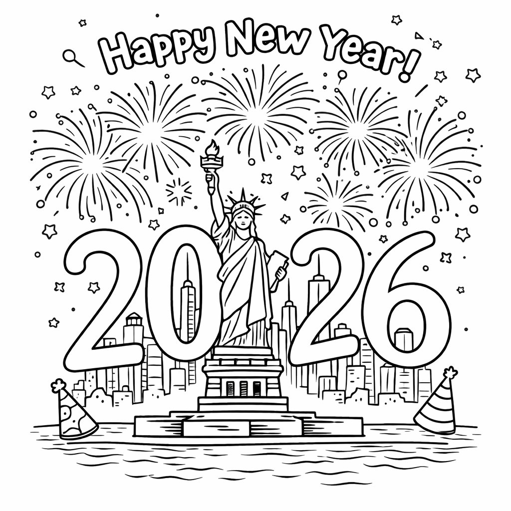 Happy new Year Malvorlage Linienzeichnung