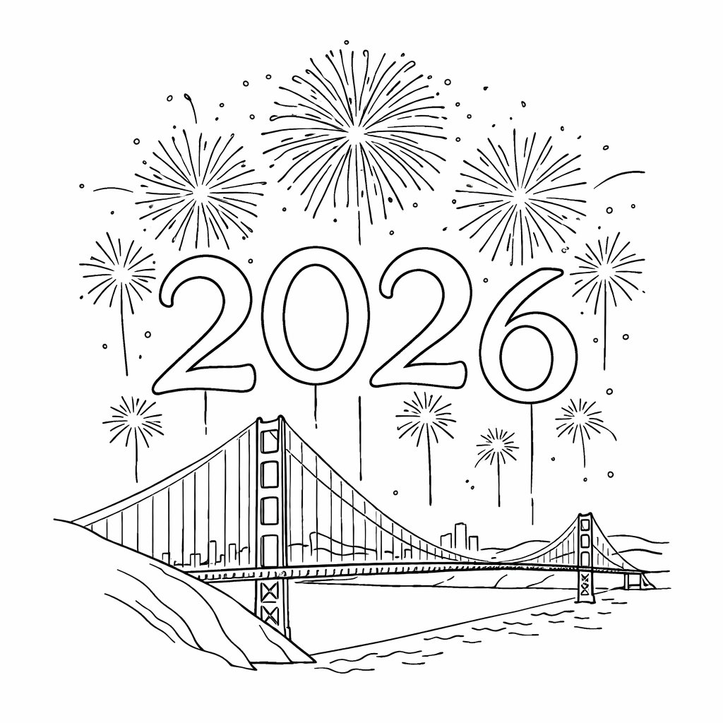 oud en nieuw 2026 kleurplaat - zwart-wit lijntekening