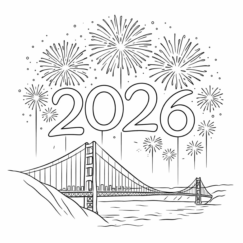 oud en nieuw 2026 kleurplaat - zwart-wit lijntekening