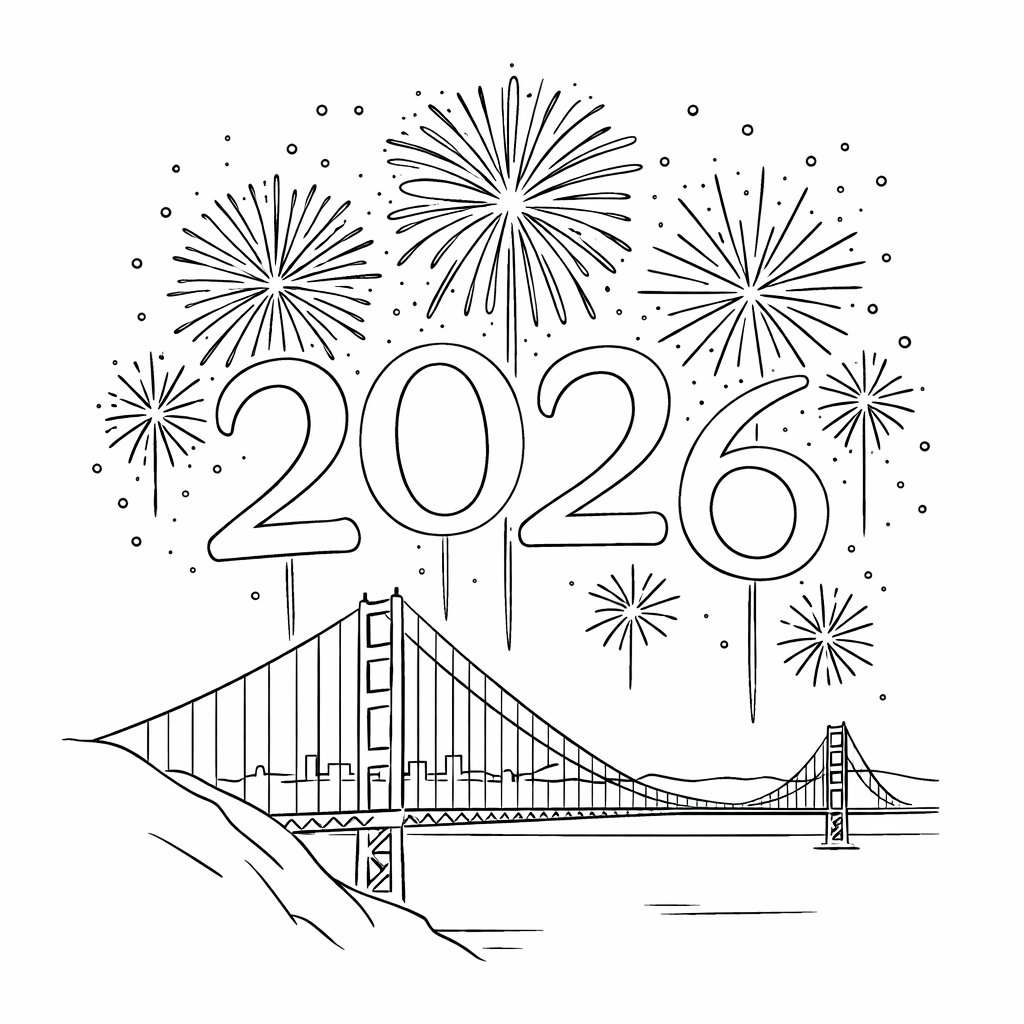 oud en nieuw 2026 kleurplaat - zwart-wit lijntekening