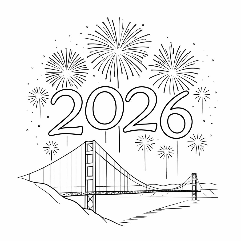 oud en nieuw 2026 kleurplaat - zwart-wit lijntekening