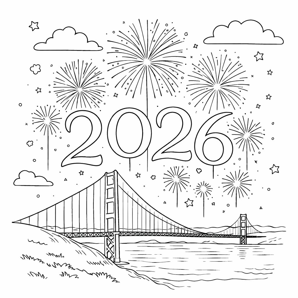 oud en nieuw 2026 kleurplaat - zwart-wit lijntekening