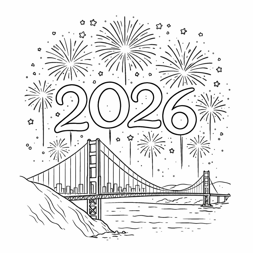 oud en nieuw 2026 kleurplaat - zwart-wit lijntekening