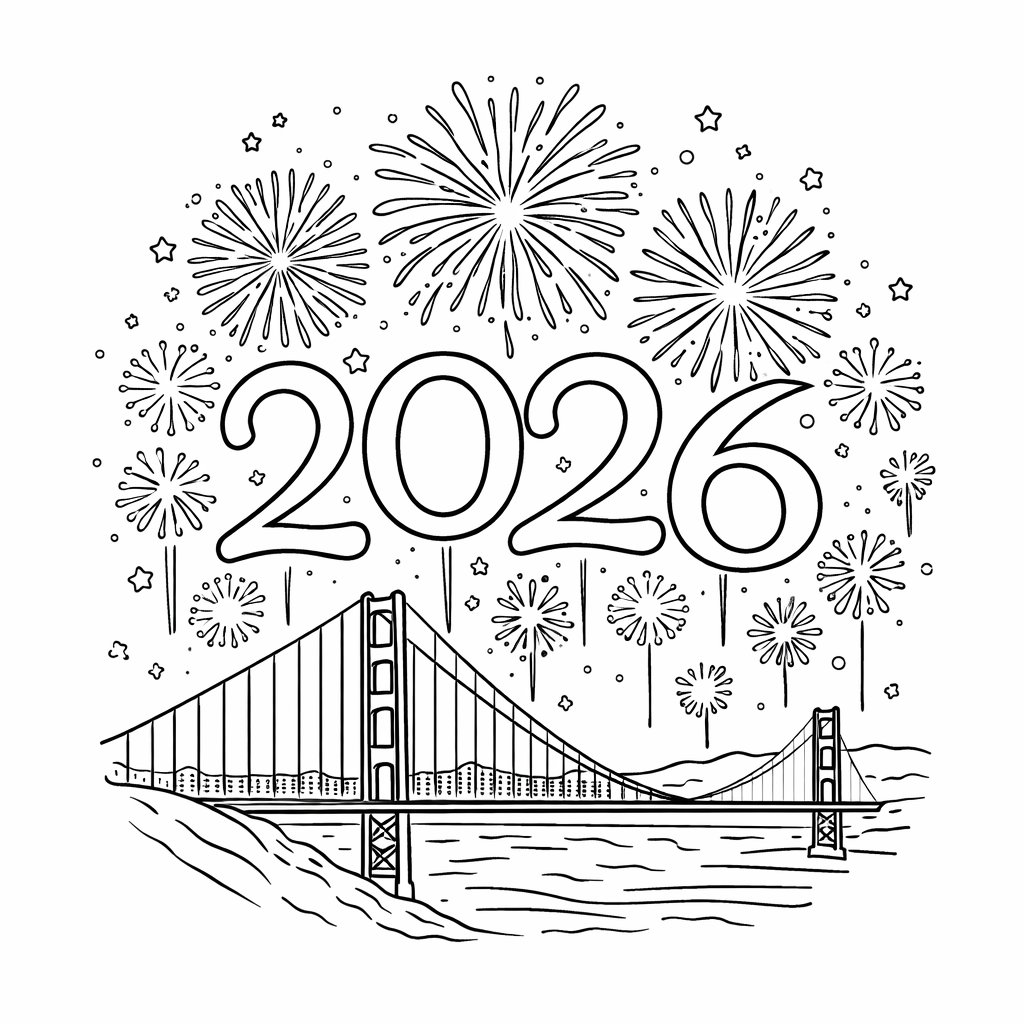 oud en nieuw 2026 kleurplaat - zwart-wit lijntekening