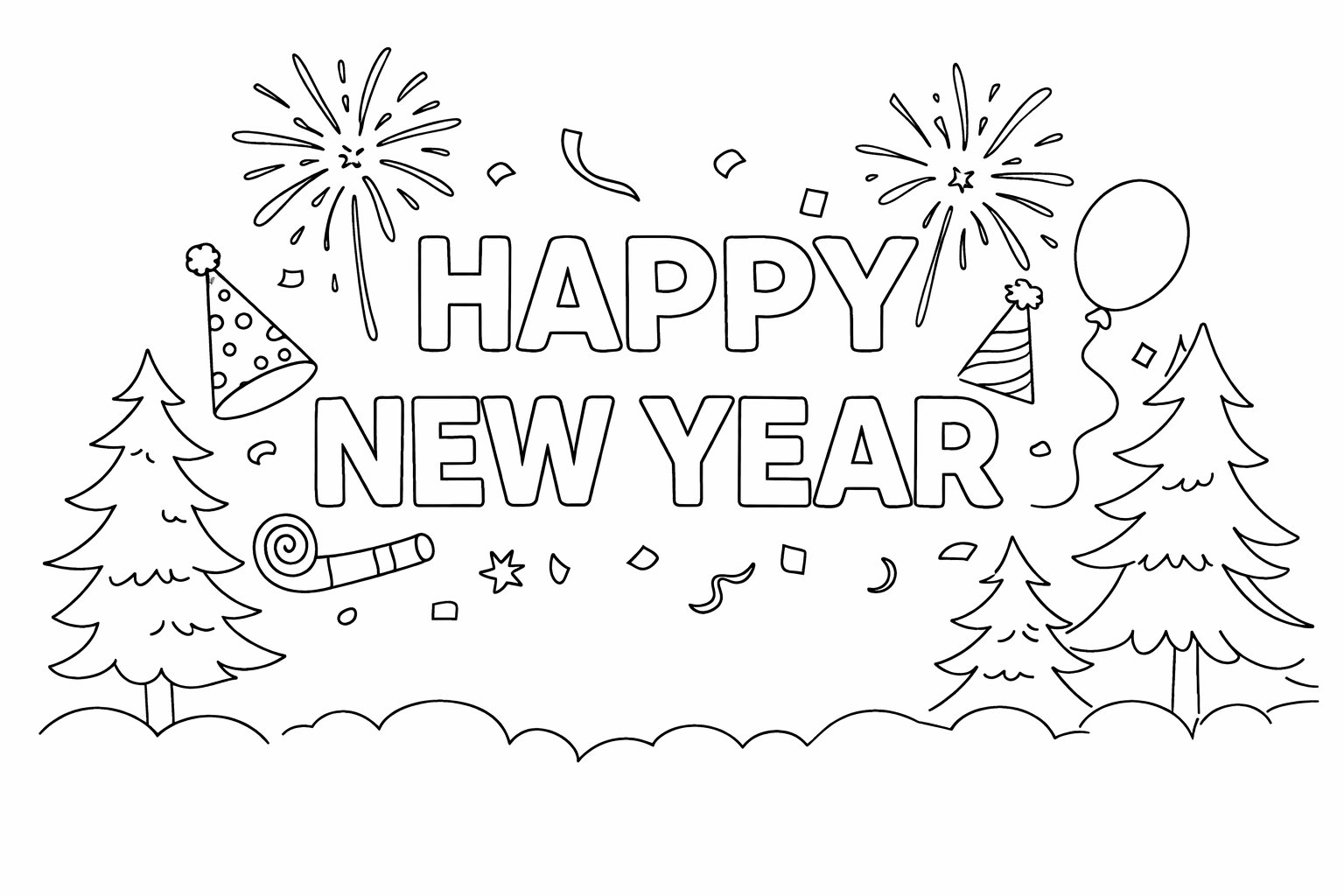 Happy New year Malvorlage Linienzeichnung