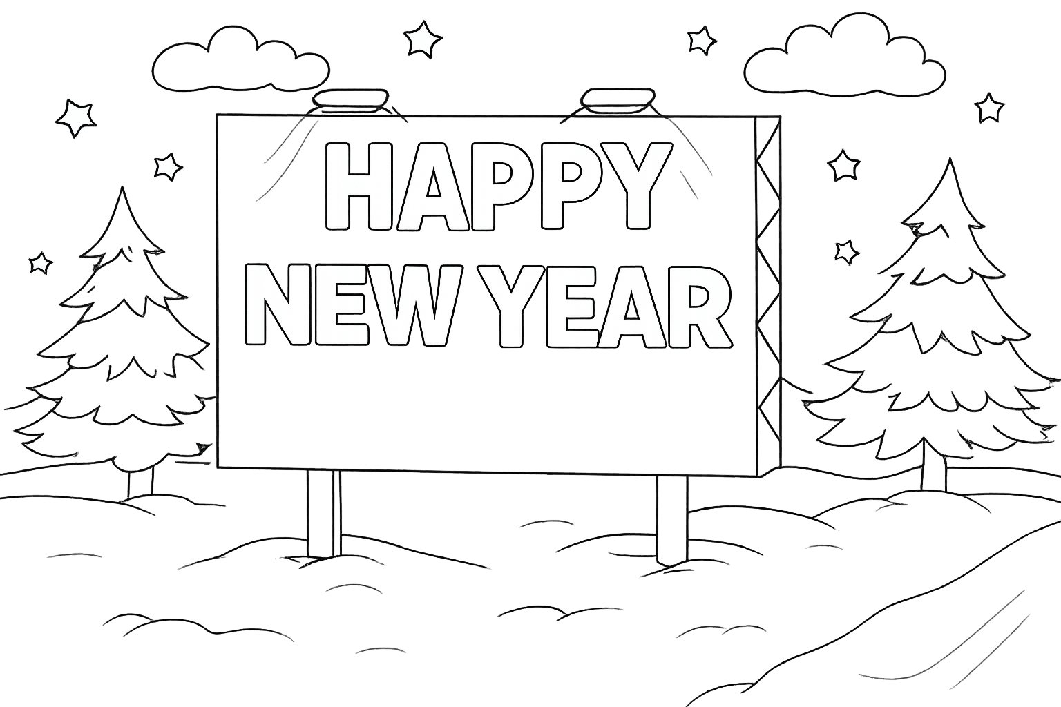 Happy New year Malvorlage Linienzeichnung