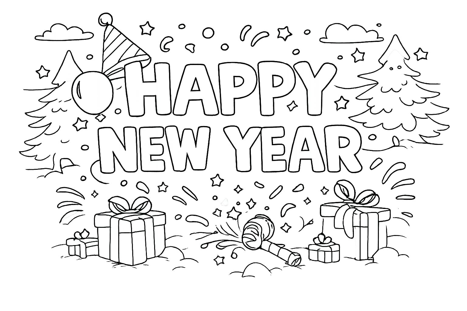 Happy New year Malvorlage Linienzeichnung