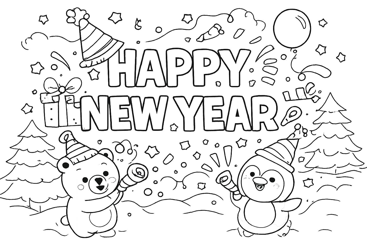 Happy New year coloring page line art
