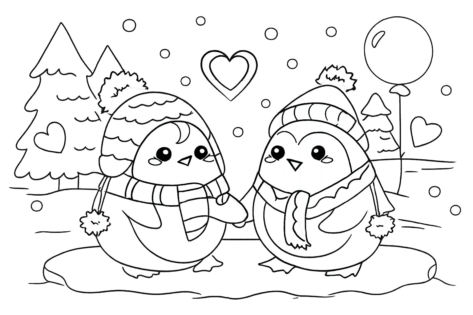 pinguin liefde koppel kleurplaat - zwart-wit lijntekening