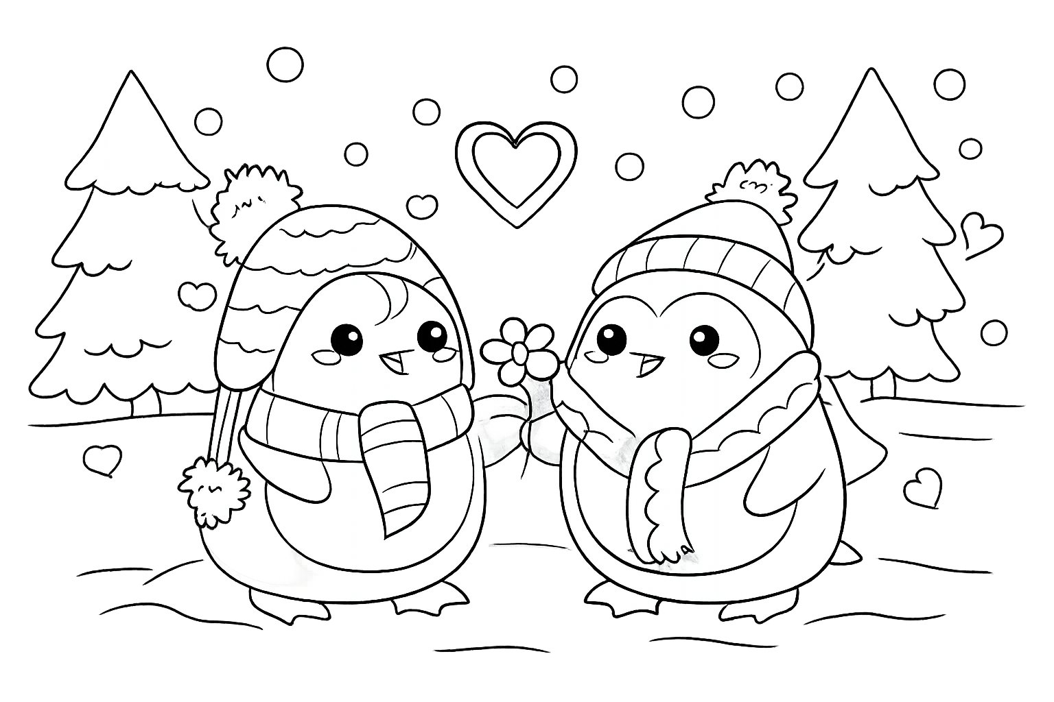 pinguin liefde koppel kleurplaat - zwart-wit lijntekening