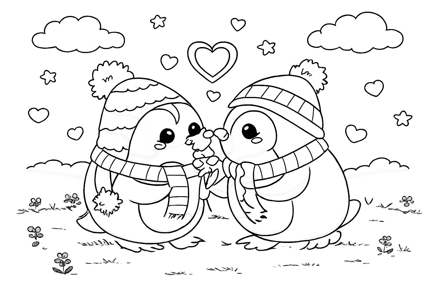 pinguin liefde koppel kleurplaat - zwart-wit lijntekening