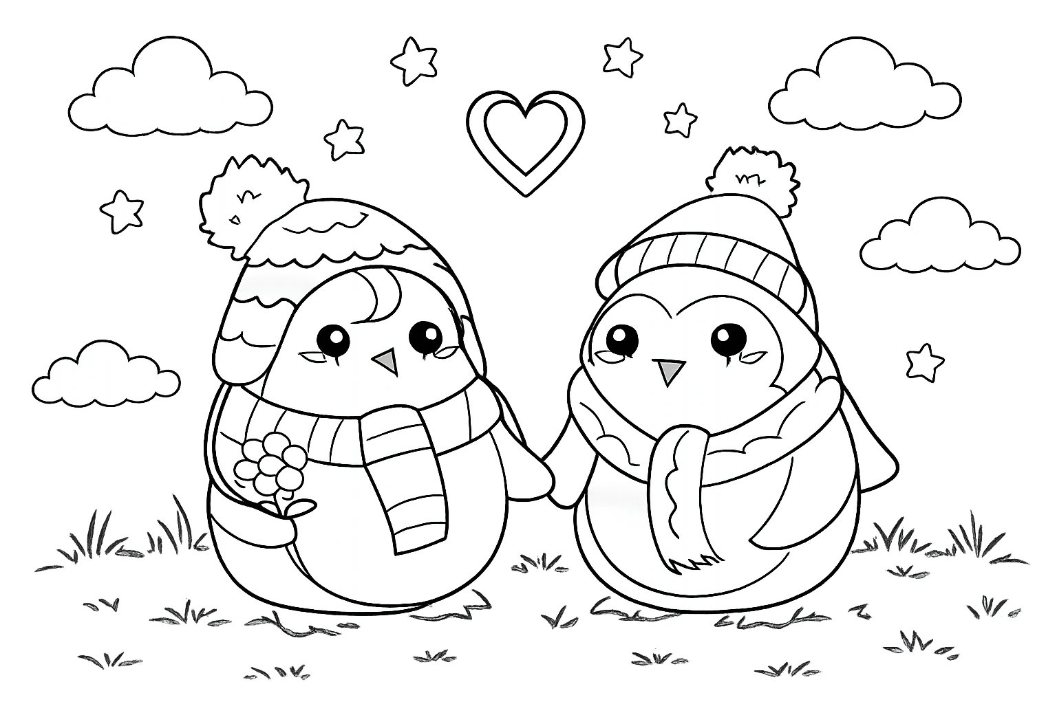 pinguin liefde koppel kleurplaat - zwart-wit lijntekening