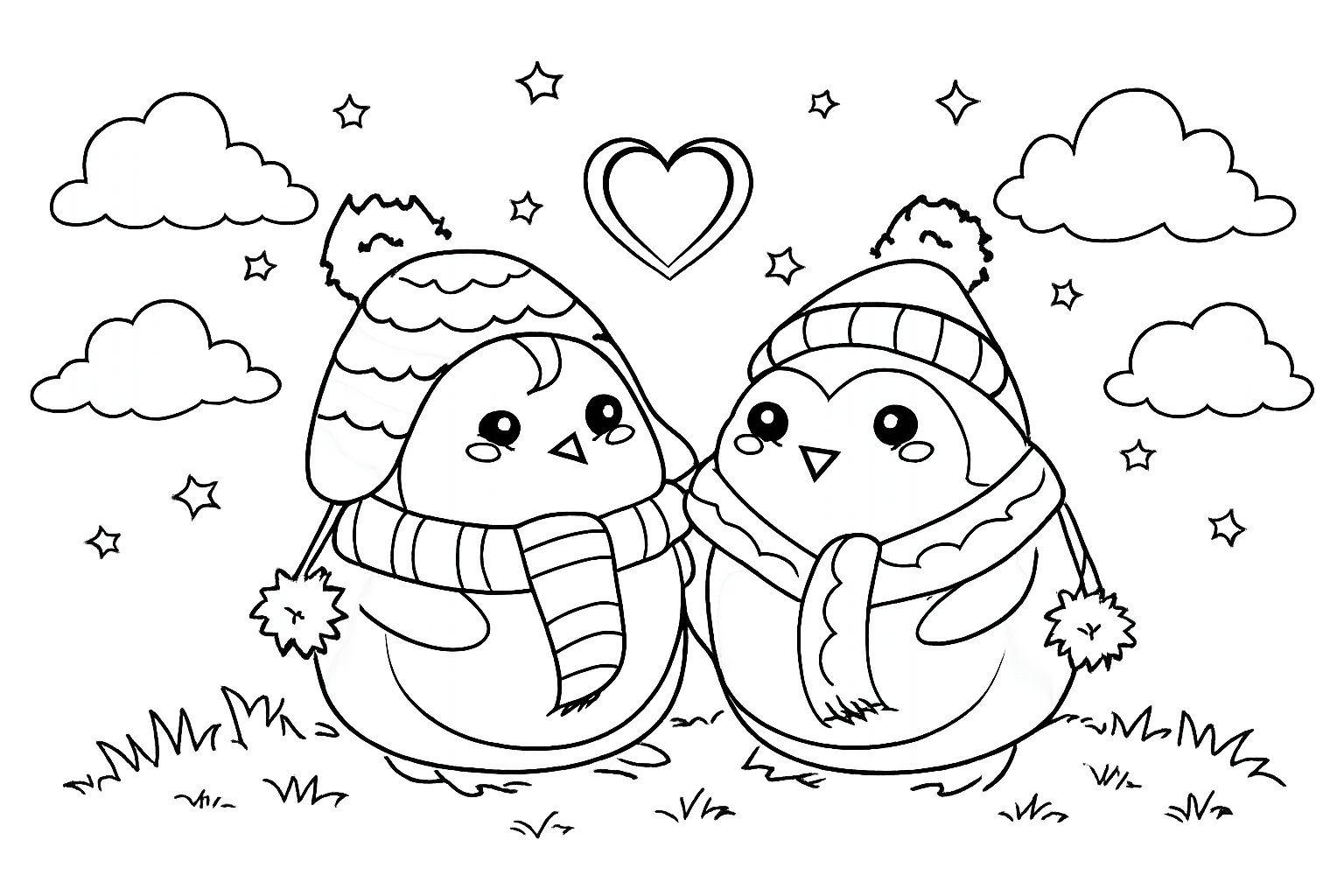 pinguin liefde koppel kleurplaat - zwart-wit lijntekening