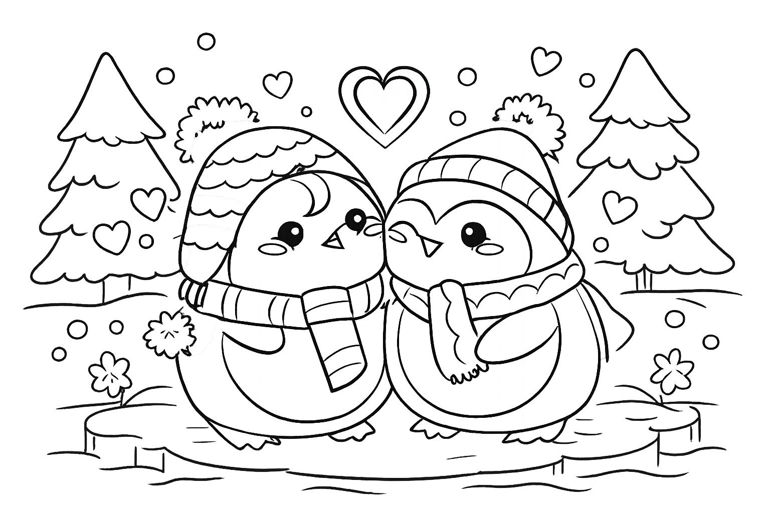 pinguin liefde koppel kleurplaat - zwart-wit lijntekening