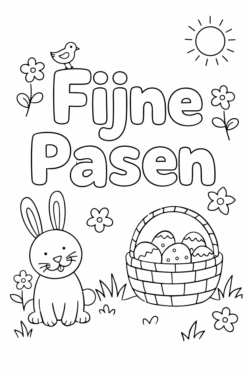 Fijne pasen kleurplaat - zwart-wit lijntekening