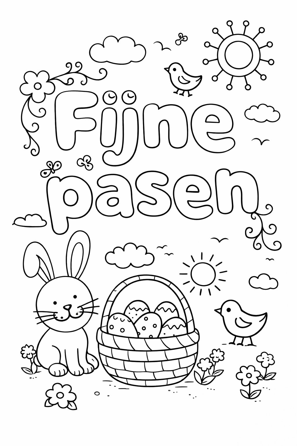 Fijne pasen kleurplaat - zwart-wit lijntekening