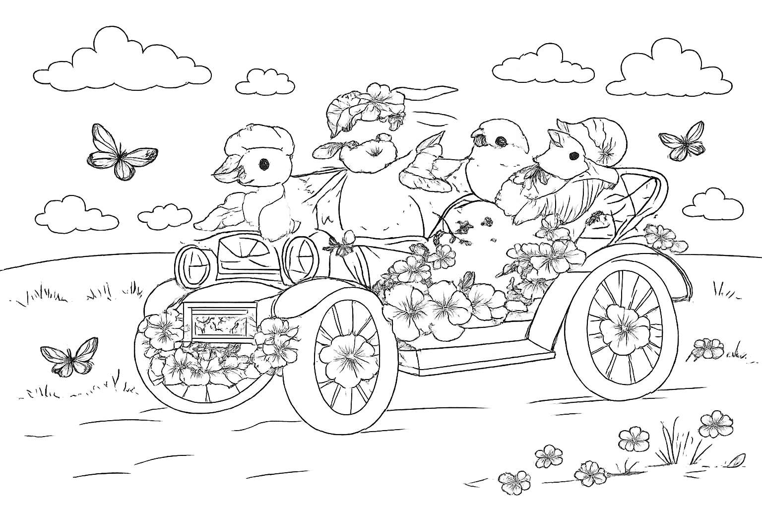 Pasen kuikens kleurplaat - zwart-wit lijntekening