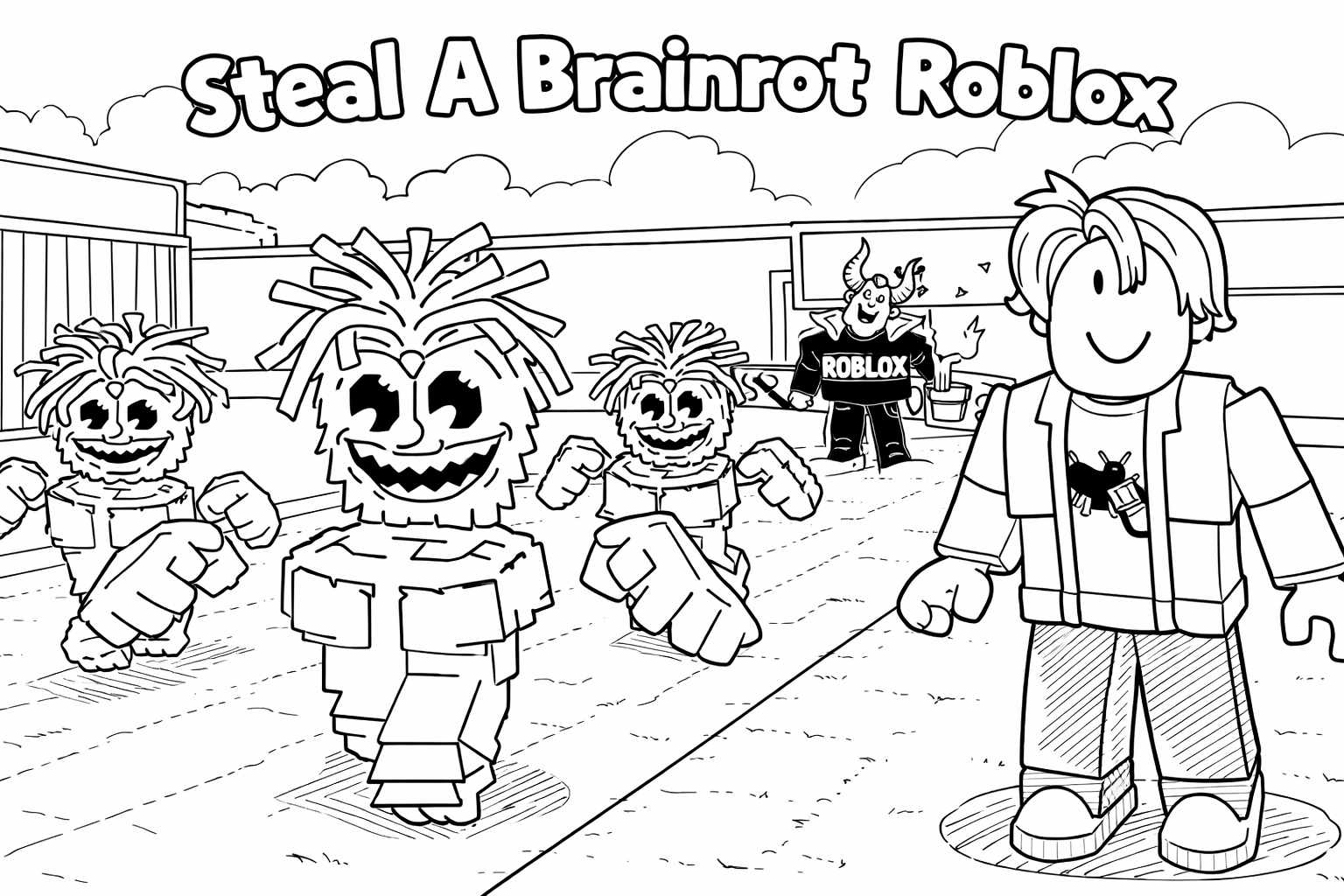 Steal a Brainrot Roblox kleurplaat - zwart-wit lijntekening