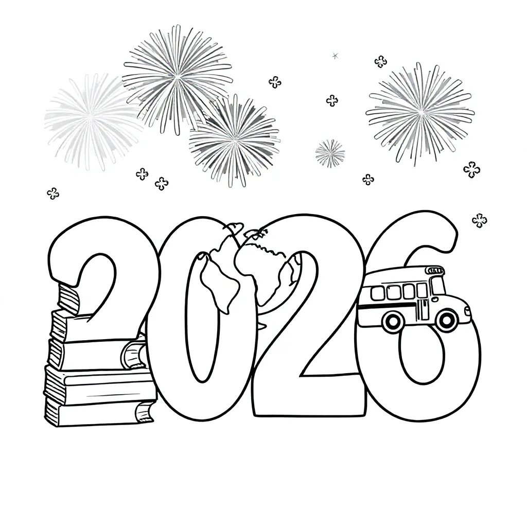 Maak een kleurplaat waarin het jaartal 2026 centraal staat. Verwerk daarin voorwerpen die te maken h