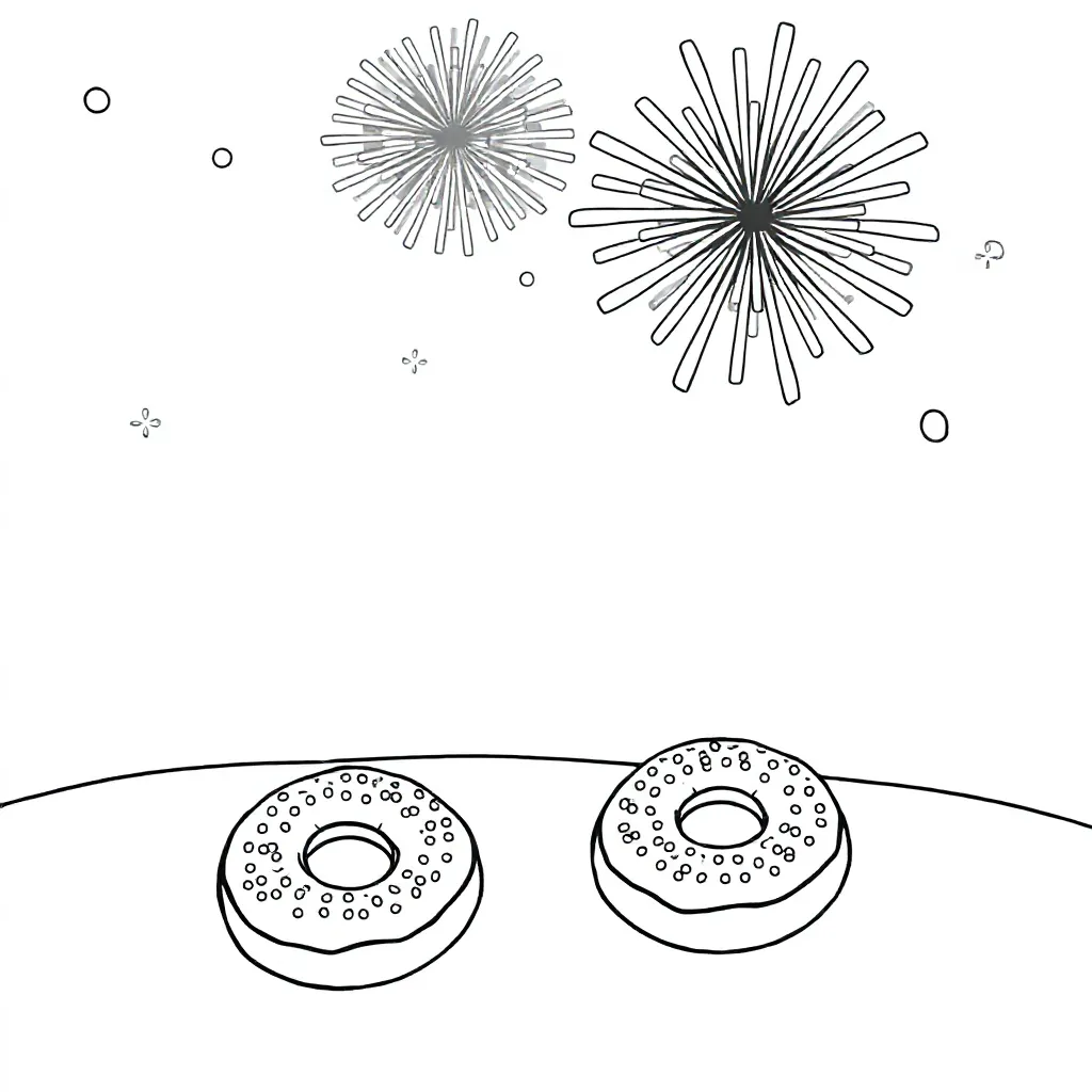 2026, vuurwerk, sneeuw, oliebollen kleurplaat voor kinderen