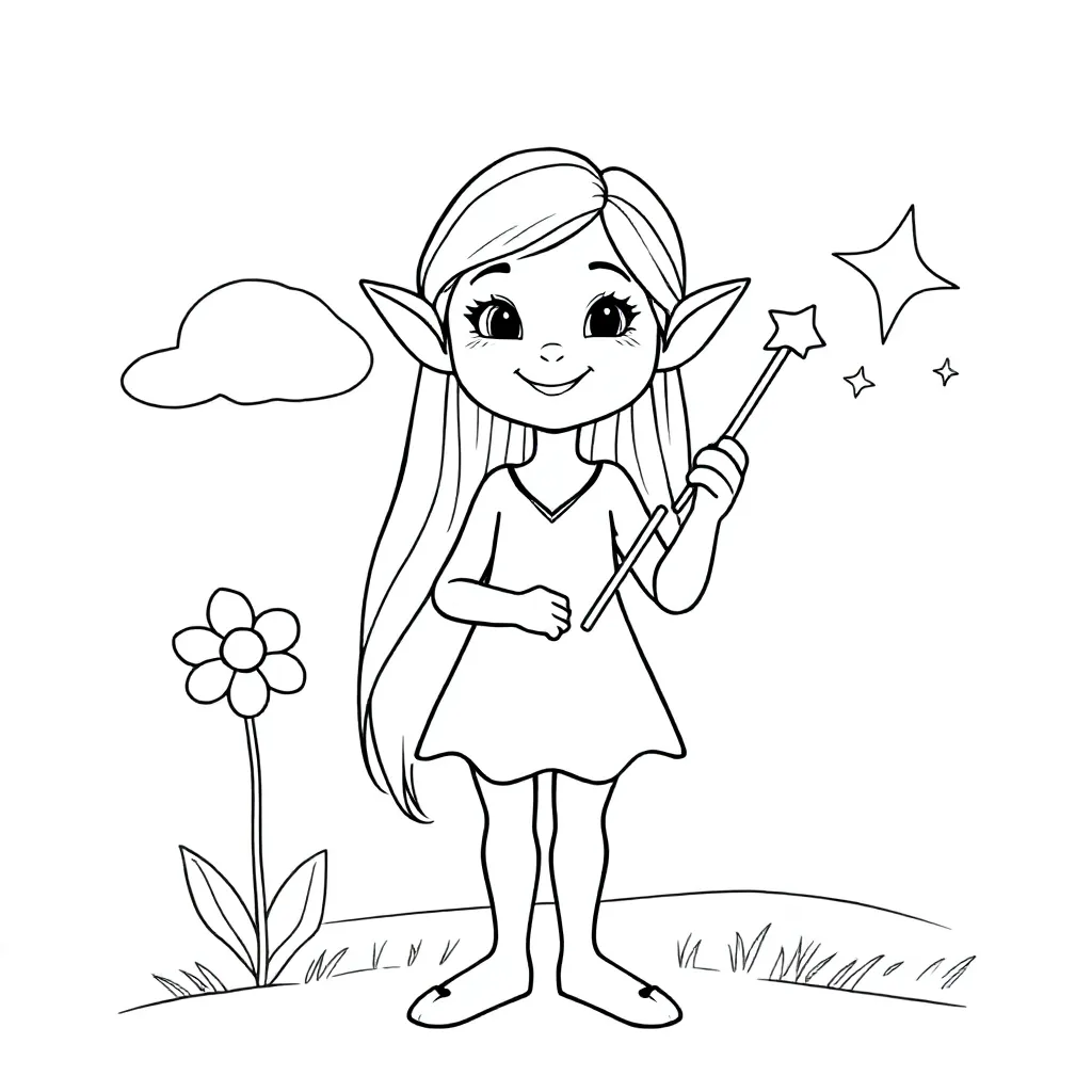 girl elf with girlie suff but small ears coloring page for children