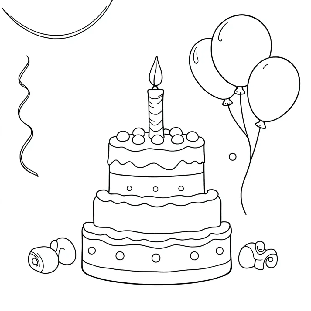 Verjaardagstaart met slingers en ballonnen met de tekst "Gelukkige Verjaardag OPI" kleurplaat voor k