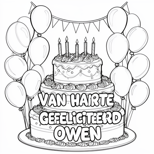een super feestelijke taart en veeel mooie ballonnnen en vlachetjes kleurplaat voor kinderen