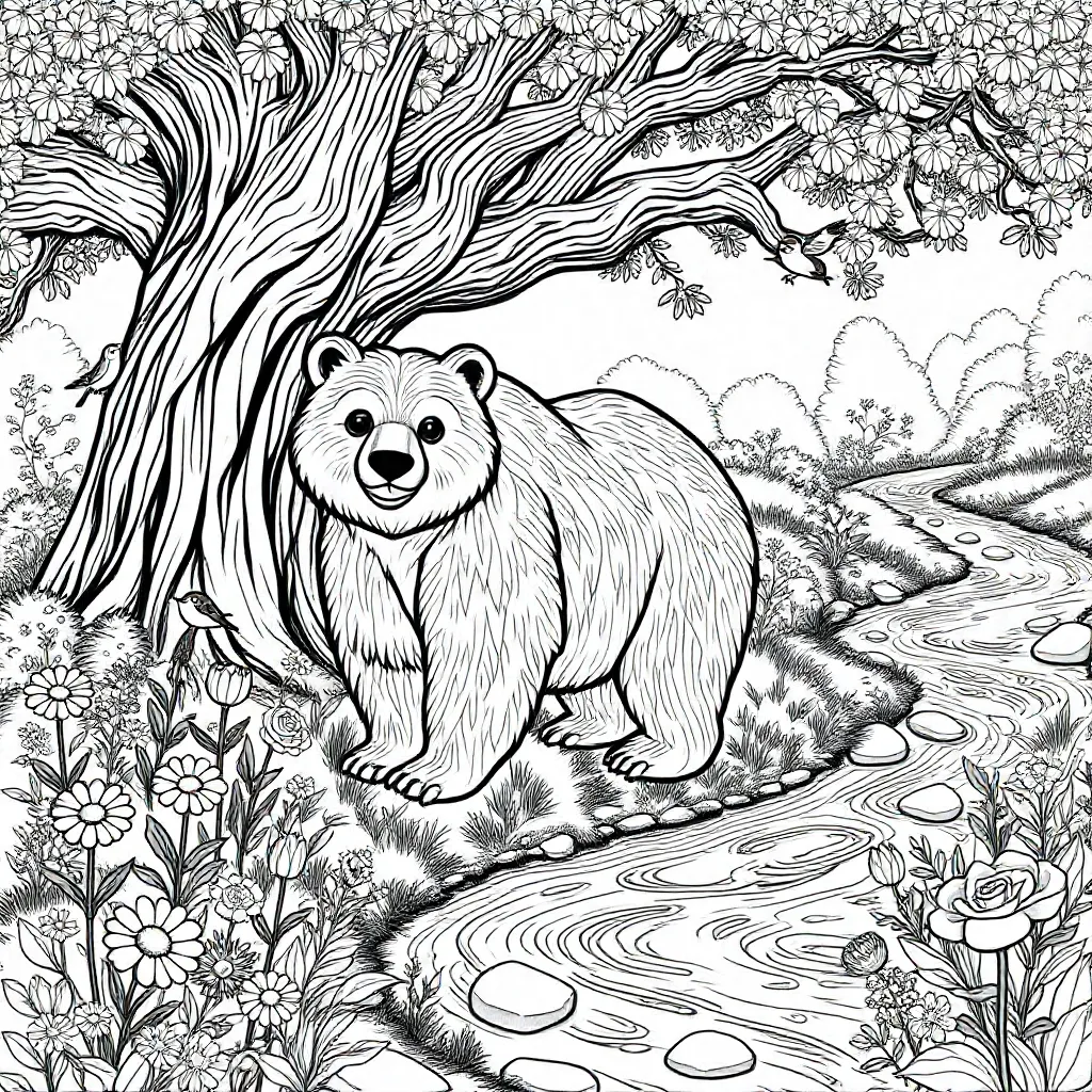 bear in nature coloring page for children