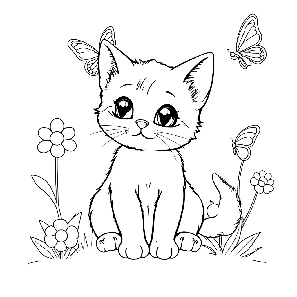 Kitten met vlinders kleurplaat voor kinderen