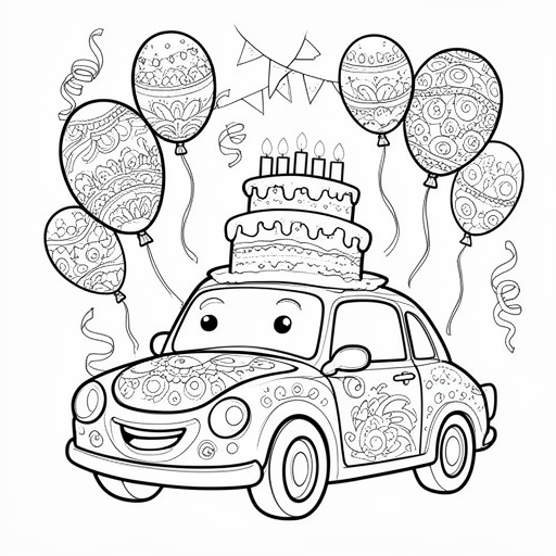 auto verjaardags taart 43 balonnen slingers kleurplaat voor kinderen