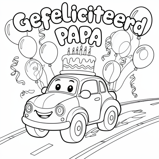 auto verjaardags taart 43 balonnen slingers kleurplaat voor kinderen