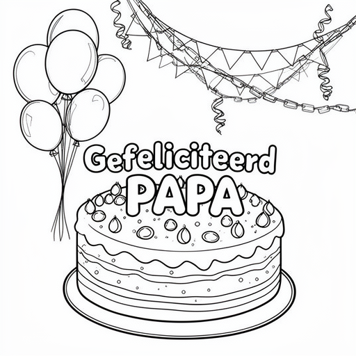 verjaardags taart 43 balonnen slingers kleurplaat voor kinderen
