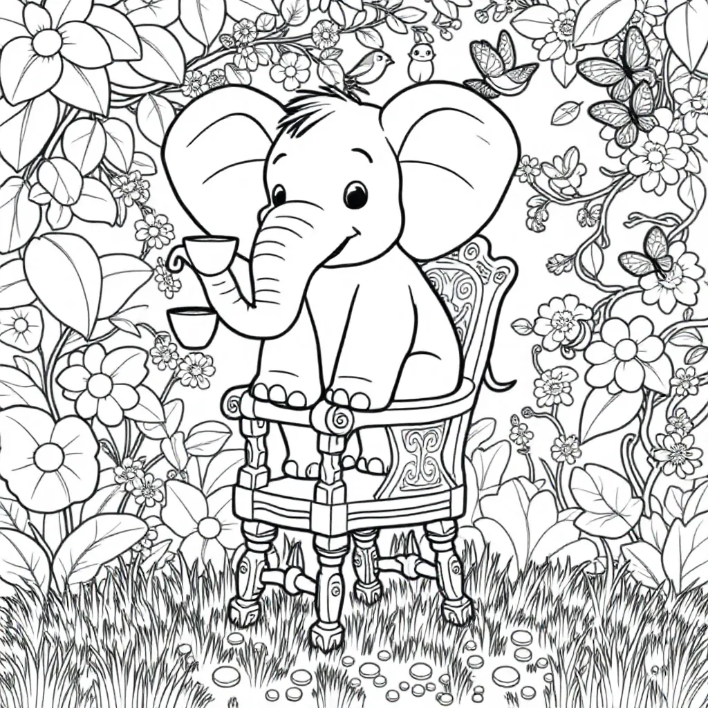 een gorte olifant op een stoeltje en een klein kopje thee in zijn poot kleurplaat voor kinderen